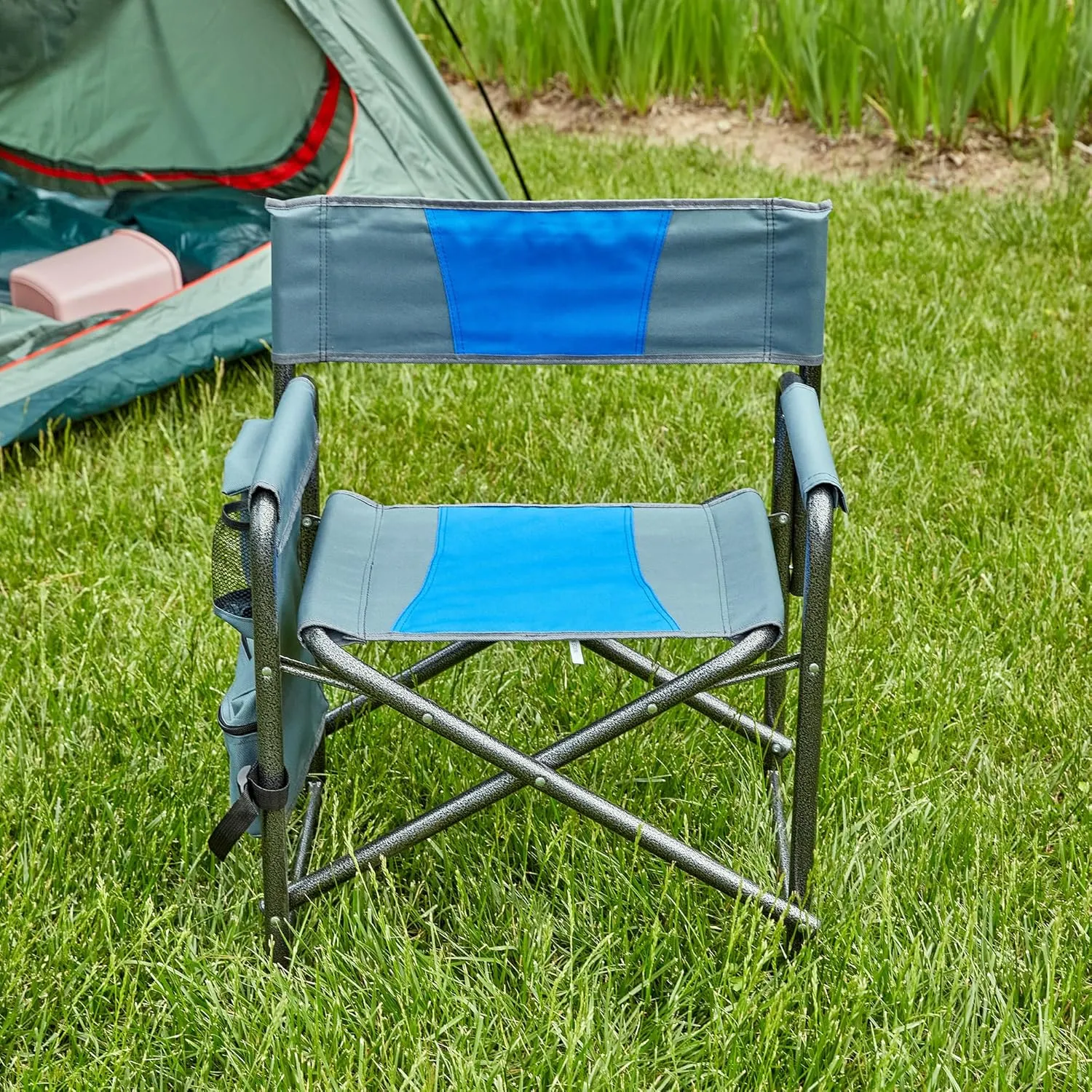 1-Piece Padded Folding Outdoor Chair with Storage Pockets,Lightweight Oversized Directors Chair for Indoor, Outdoor Camping, Picnics and Fishing,Blue Grey