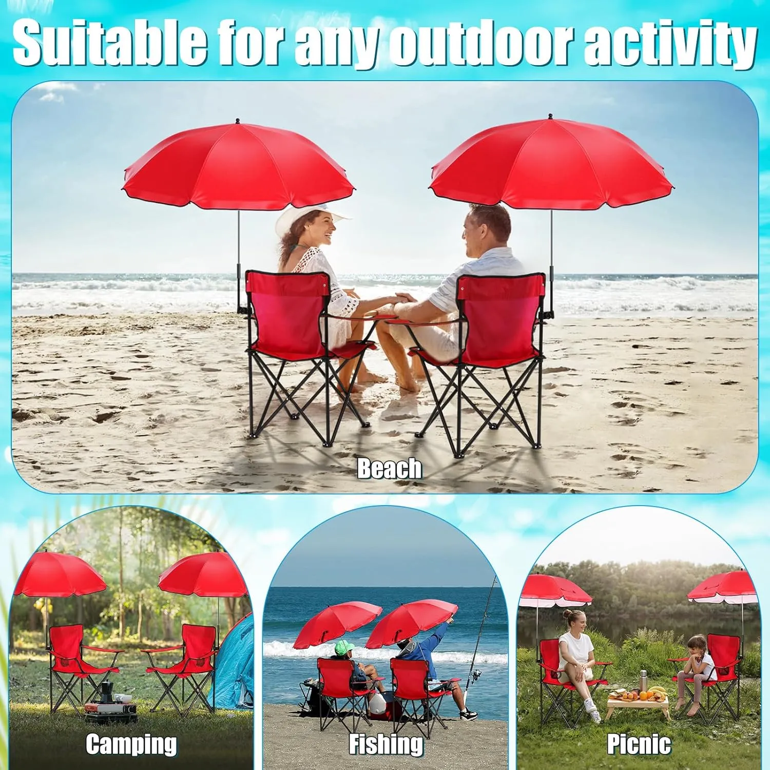 1 Set Beach Chair with Umbrella Foldable Camping Chair Fold up Umbrella with Universal Clamp Large Portable for Outdoors Fishing Camping Hiking Travel Picnic Beach