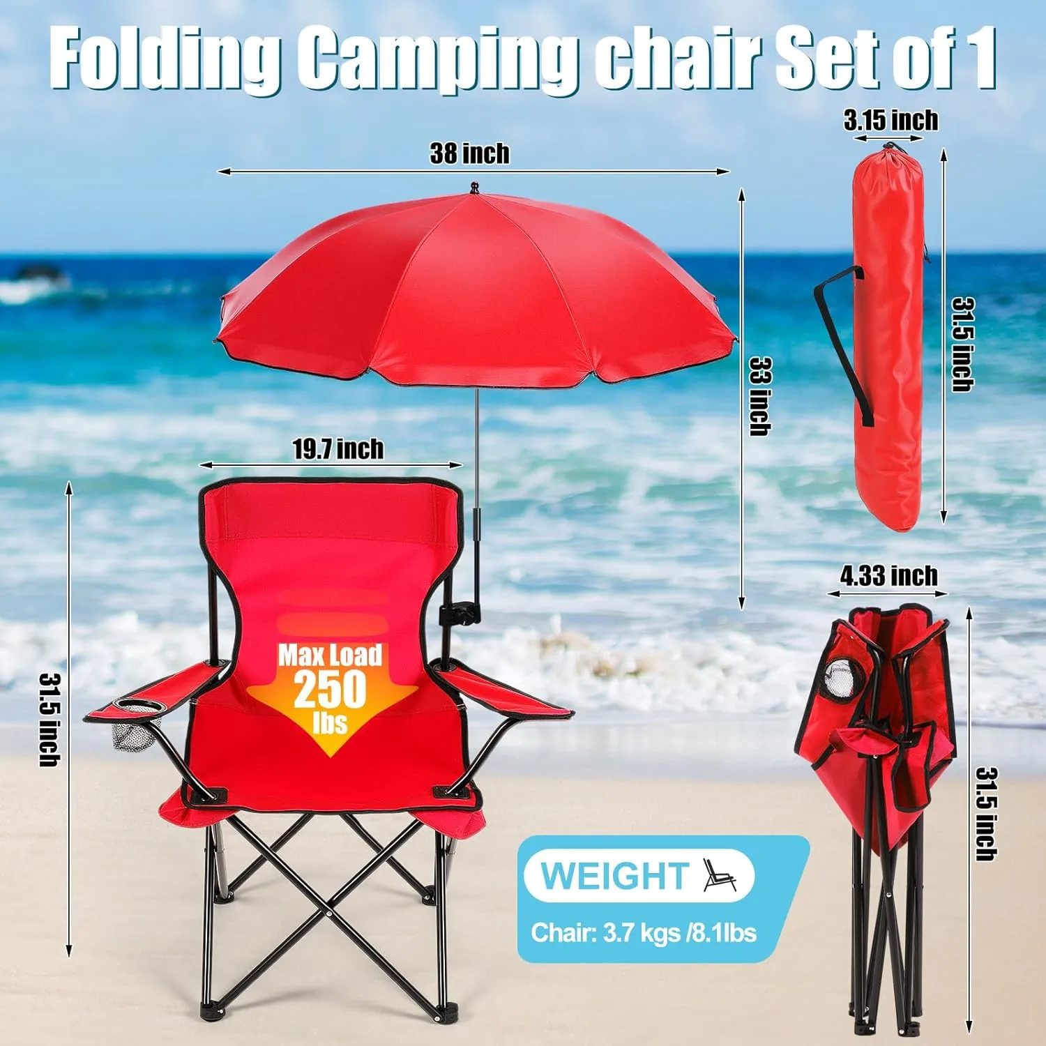 1 Set Beach Chair with Umbrella Foldable Camping Chair Fold up Umbrella with Universal Clamp Large Portable for Outdoors Fishing Camping Hiking Travel Picnic Beach