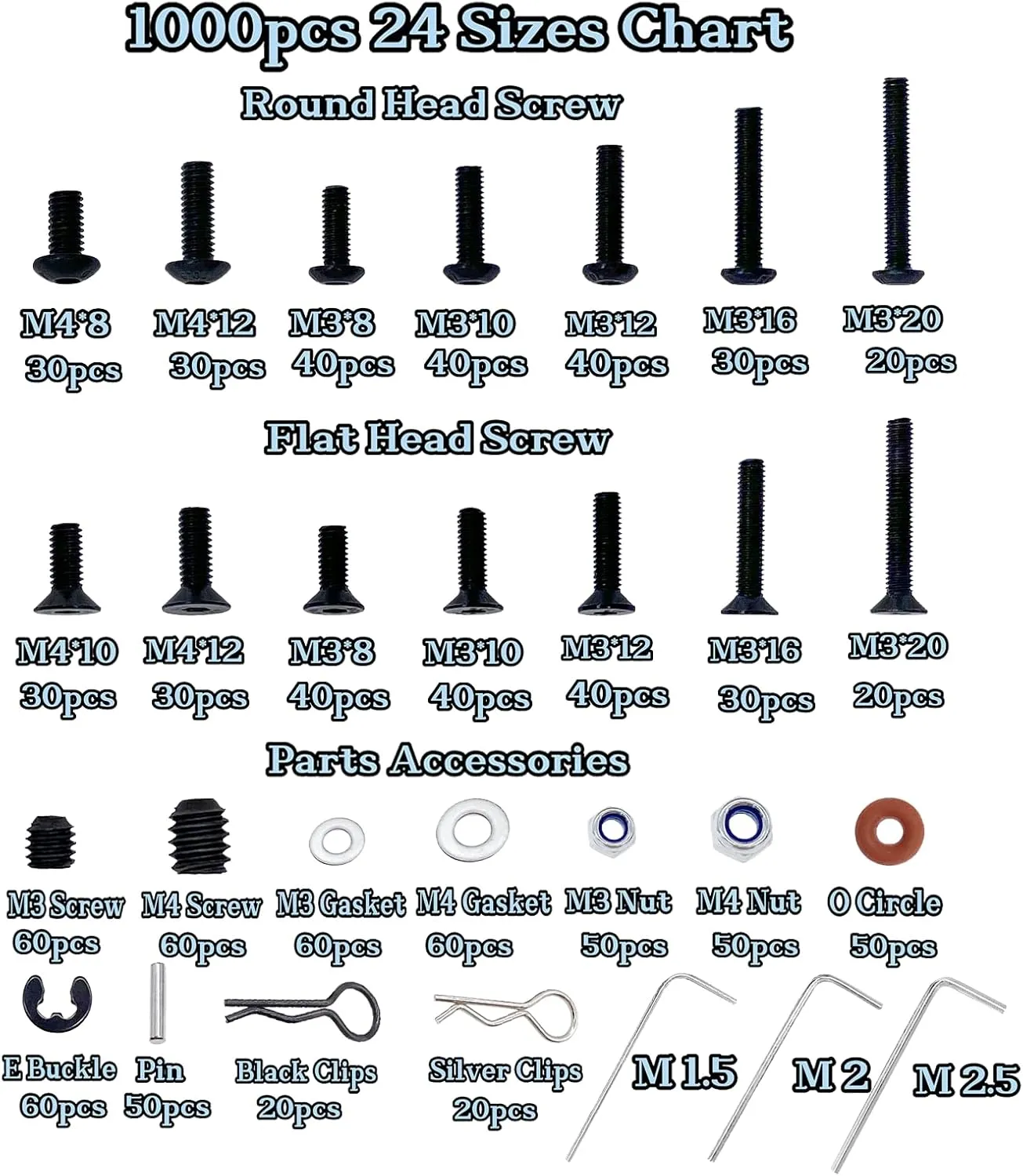 1000pcs RC Screw Kit,RC Screws for Traxxas Arrma Axial Redcat HPS SCX10 1/8 1/10 1/12 1/16 Scale RC Cars Trucks Crawler, Screws Assortment Set, Hardware Fasteners (1000pcs RC Screw Kit)