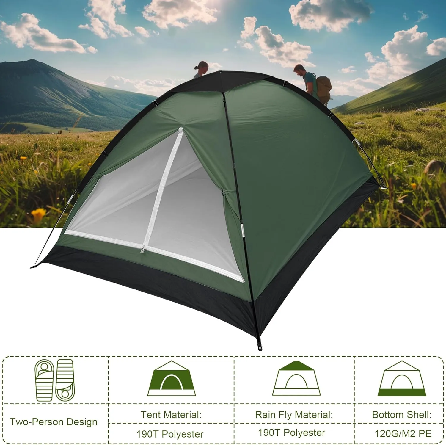 2-Person Dome Tent for Camping Waterproof Lightweight Portable Backpacking Orange/Blue/Army Green/Green