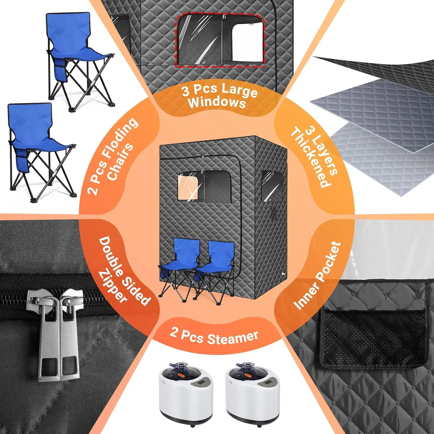 2 Person Sauna for Home, 1 or 2 Person Portable Steam Sauna with 2 1000W Sauna Steamers, 2 Floding Chairs, 9 Levels Adjustable, 99 Minutes Timer, Steamer Included (Grey)