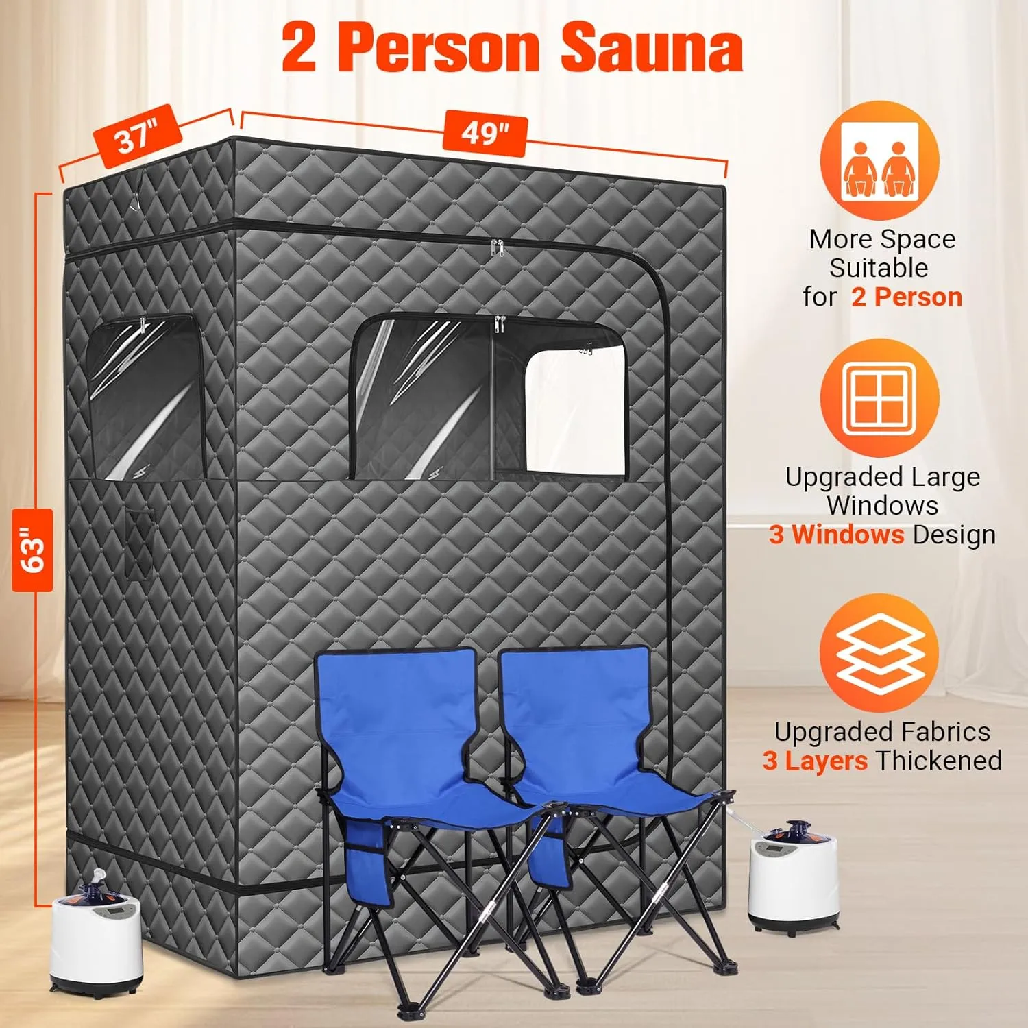 2 Person Sauna for Home, 1 or 2 Person Portable Steam Sauna with 2 1000W Sauna Steamers, 2 Floding Chairs, 9 Levels Adjustable, 99 Minutes Timer, Steamer Included (Grey)