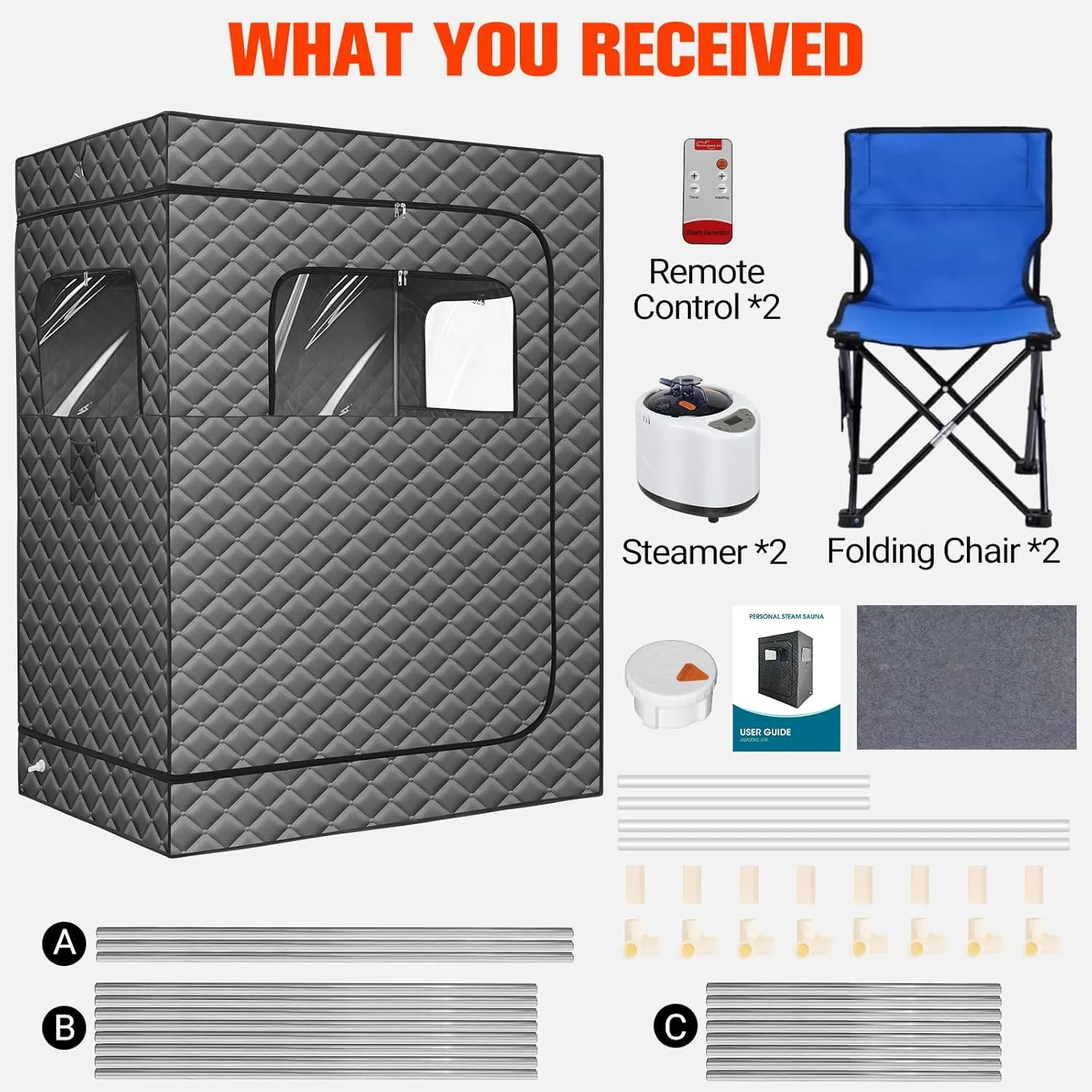 2 Person Sauna for Home, 1 or 2 Person Portable Steam Sauna with 2 1000W Sauna Steamers, 2 Floding Chairs, 9 Levels Adjustable, 99 Minutes Timer, Steamer Included (Grey)