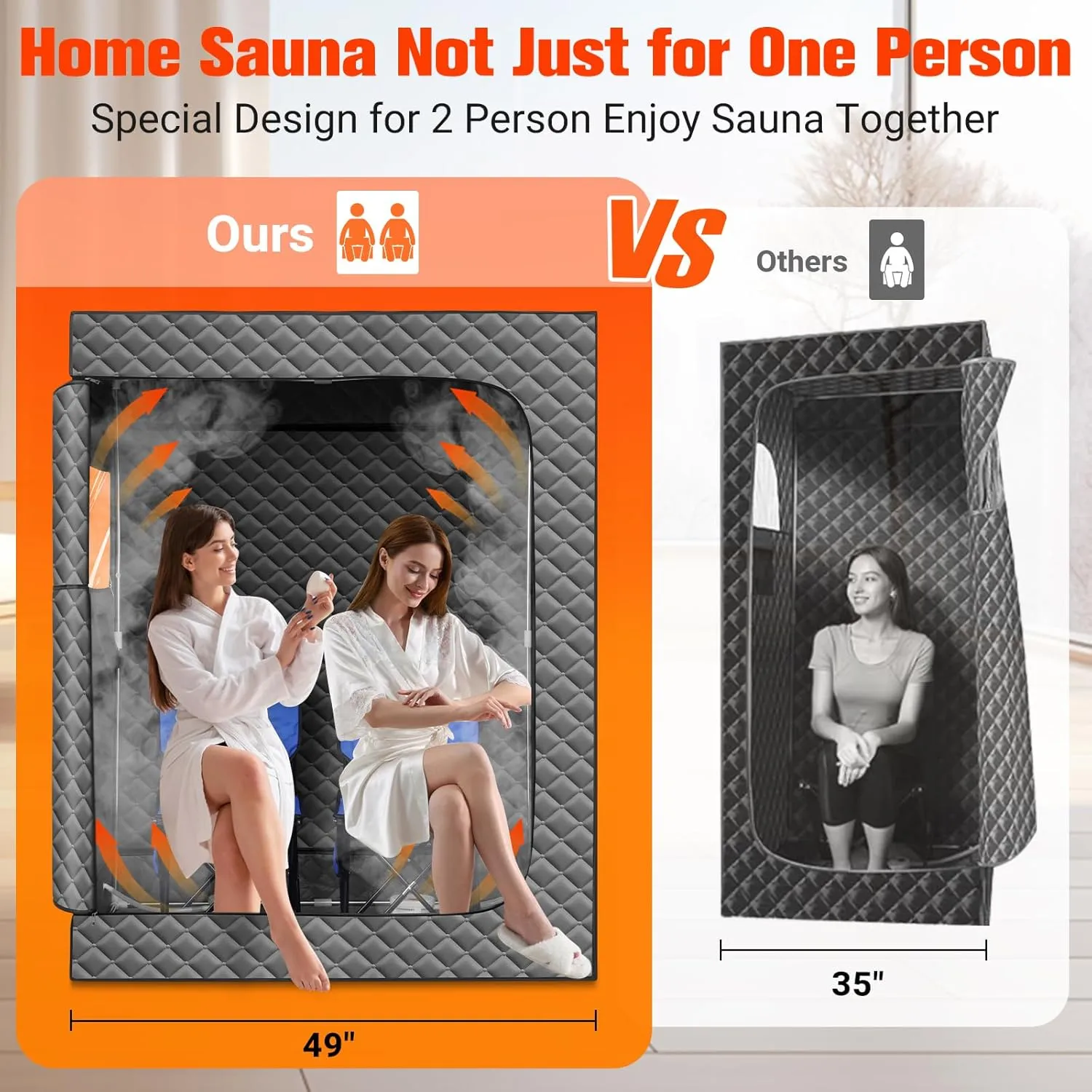 2 Person Sauna for Home, 1 or 2 Person Portable Steam Sauna with 2 1000W Sauna Steamers, 2 Floding Chairs, 9 Levels Adjustable, 99 Minutes Timer, Steamer Included (Grey)
