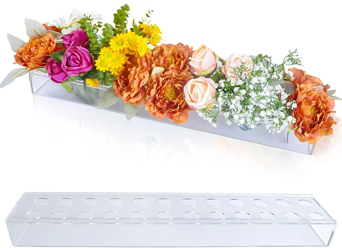 24'' Acrylic Flower Vase Rectangular with Holes Long Low Clear Vases Table Centerpieces Rectangle Floral Arrangement Dining Room Decor Square Narrow Rose Holder Plastic Glass Box Tray Modern (Clear)