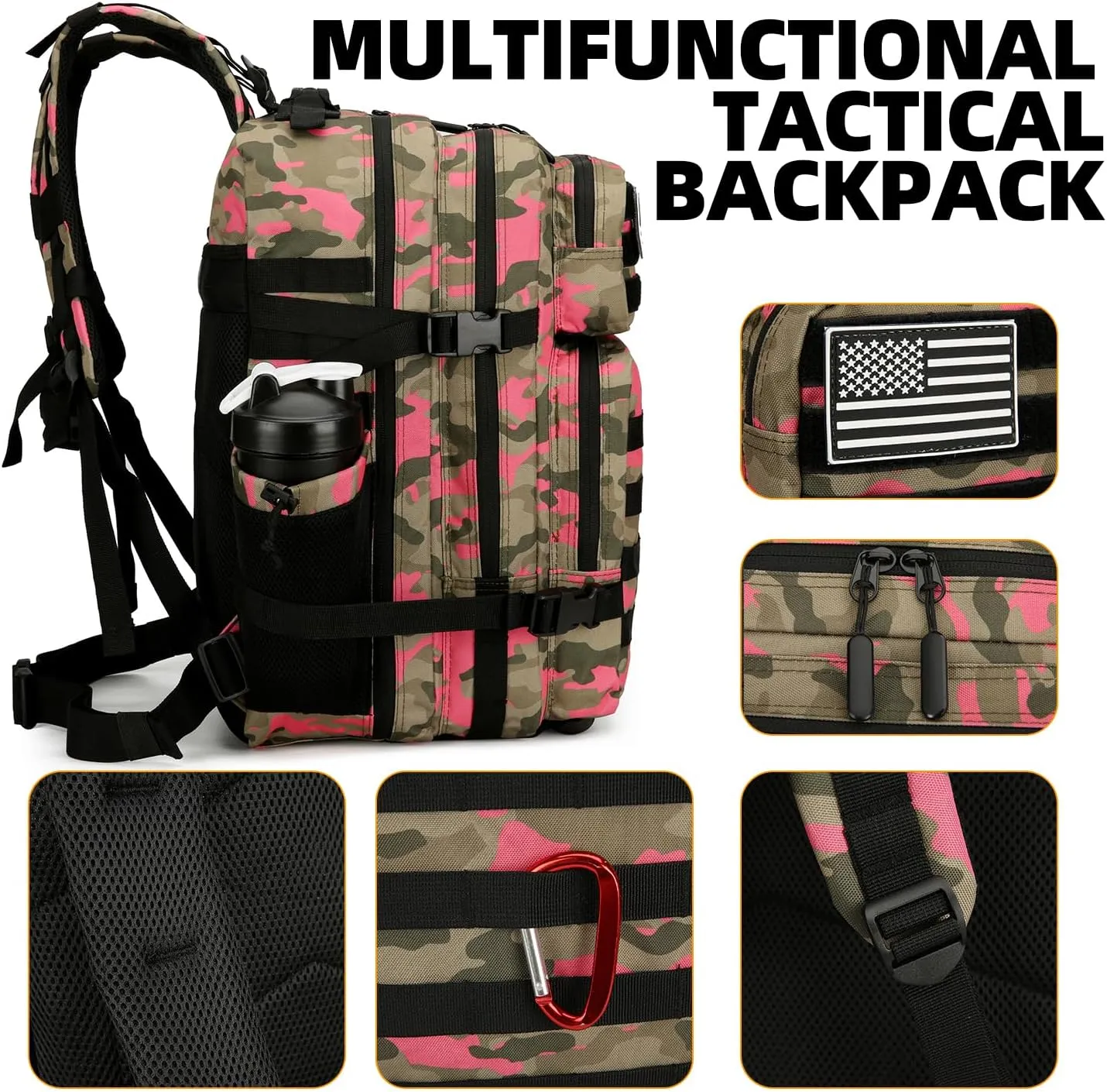 25L Tactical Backpack for Men Women Military Backpack Army Assault Pack Molle Backpack Small Bug Out Bag Travel Rucksack Daypack (Pink Camo)
