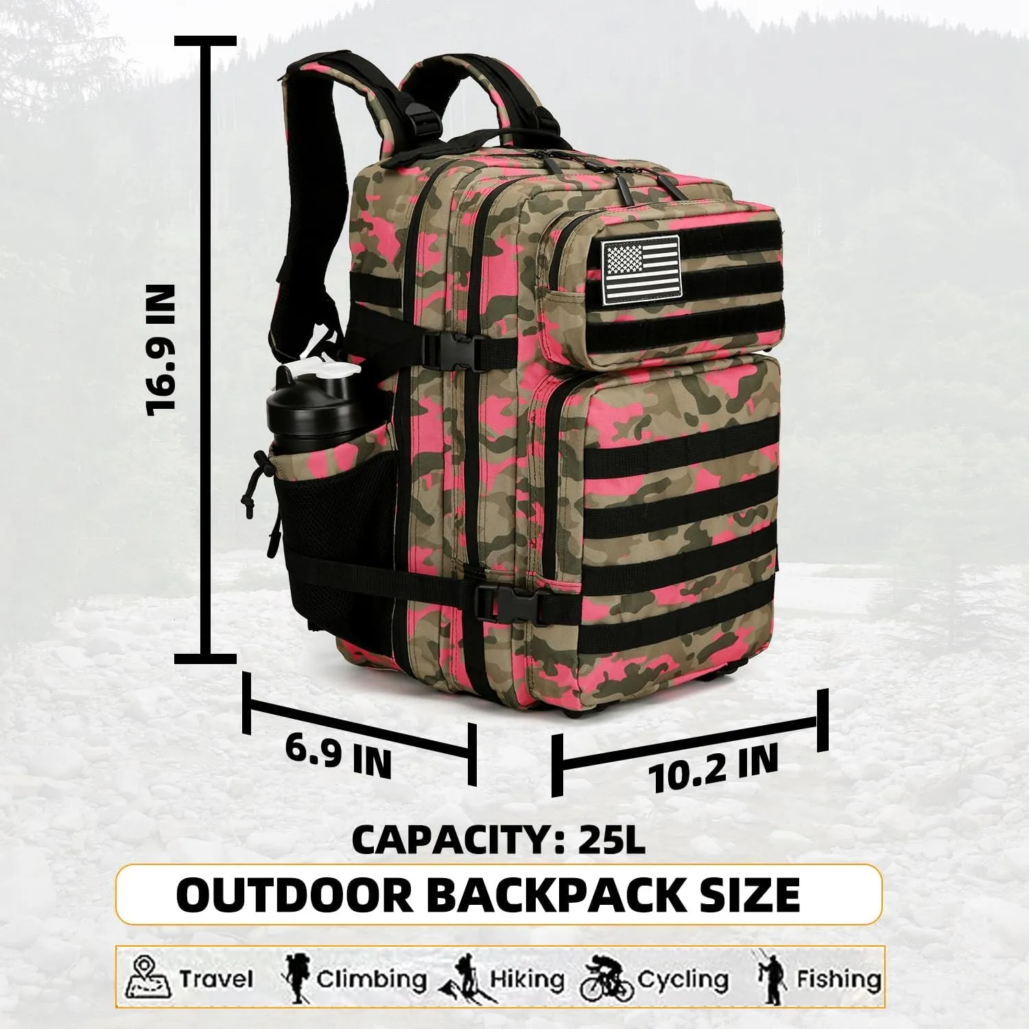 25L Tactical Backpack for Men Women Military Backpack Army Assault Pack Molle Backpack Small Bug Out Bag Travel Rucksack Daypack (Pink Camo)