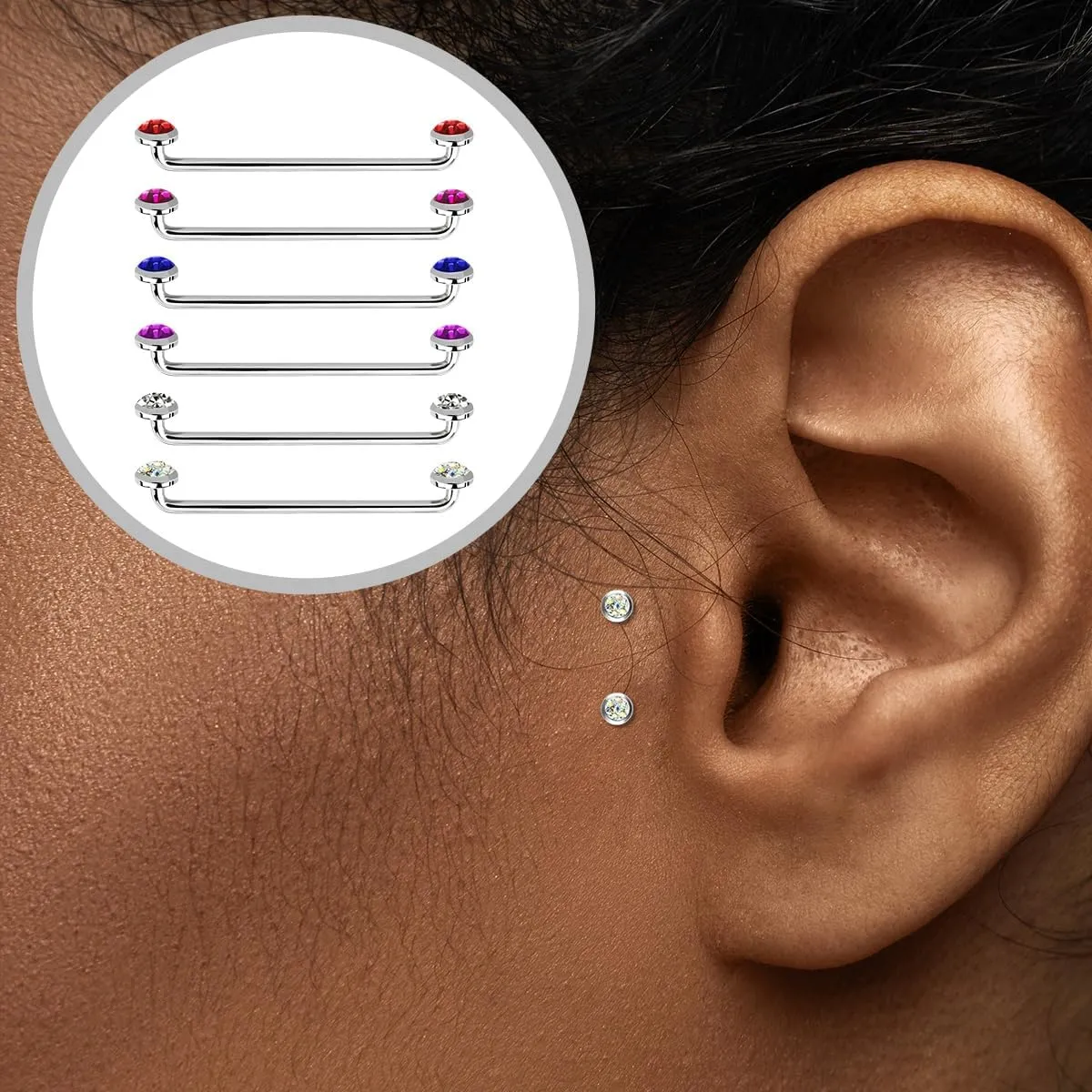 316L Surgical Steel 14G Internally Threaded 32mm 28mm 25mm 22mm 19mm 16mm Staple Surface Barbell With 5mm Titanium Tops Flat Bezel Set Ferido Multi Gems Surface Tragus Piercing Jewelry
