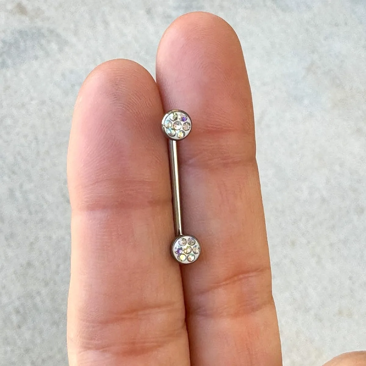316L Surgical Steel 14G Internally Threaded 32mm 28mm 25mm 22mm 19mm 16mm Staple Surface Barbell With 5mm Titanium Tops Flat Bezel Set Ferido Multi Gems Surface Tragus Piercing Jewelry