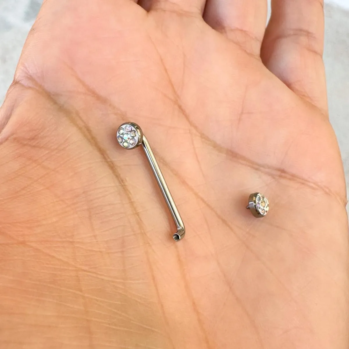 316L Surgical Steel 14G Internally Threaded 32mm 28mm 25mm 22mm 19mm 16mm Staple Surface Barbell With 5mm Titanium Tops Flat Bezel Set Ferido Multi Gems Surface Tragus Piercing Jewelry