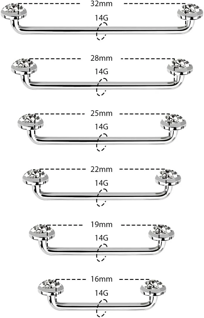 316L Surgical Steel 14G Internally Threaded 32mm 28mm 25mm 22mm 19mm 16mm Staple Surface Barbell With 5mm Titanium Tops Flat Bezel Set Ferido Multi Gems Surface Tragus Piercing Jewelry