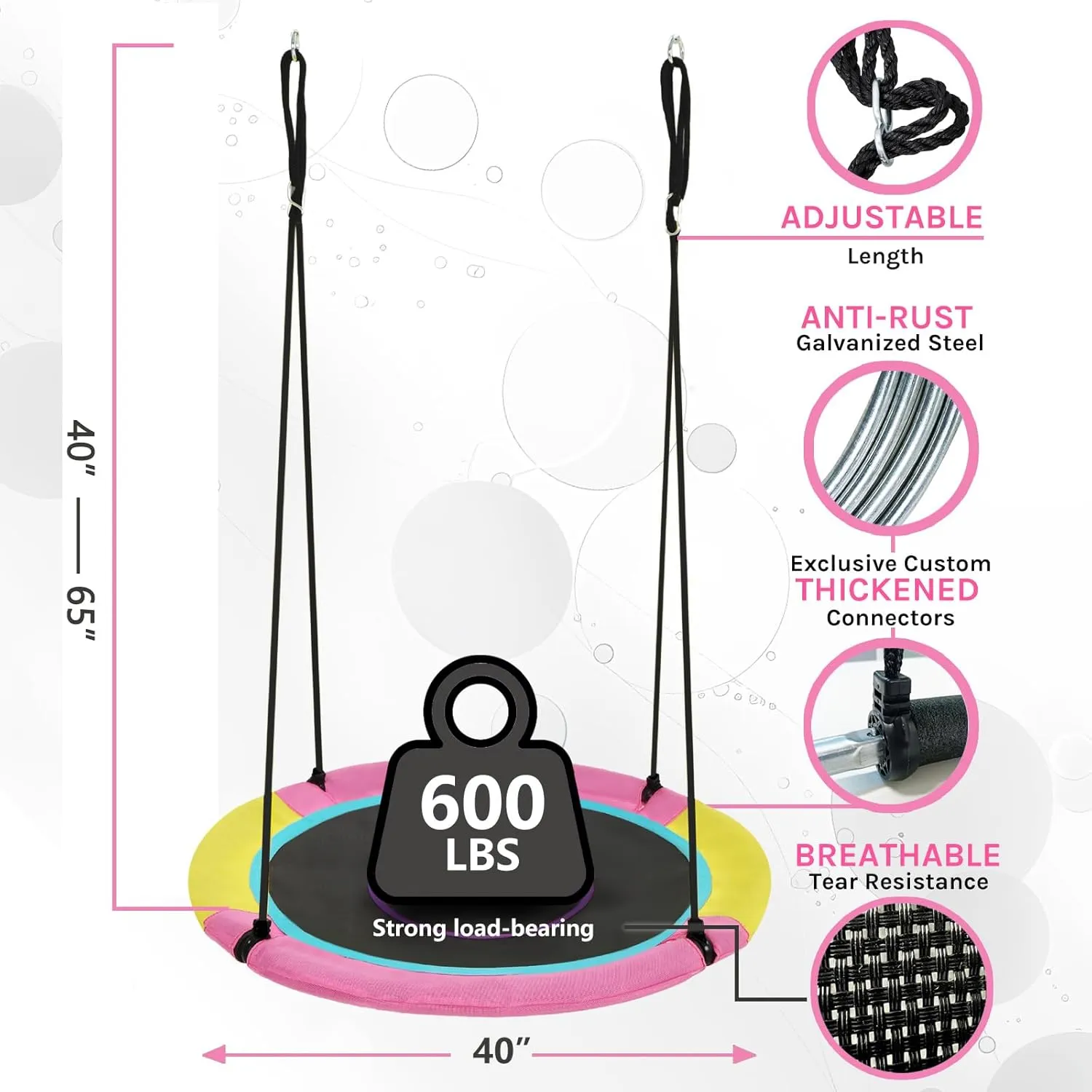 40 Inch Saucer Tree Swing for Kids Outdoor, Textilene Fabric Tear & UV Resistant Waterproof, Round Disc Circle Swing with Adjustable Hanging Straps, Swing Set for Backyard Garden, Pink