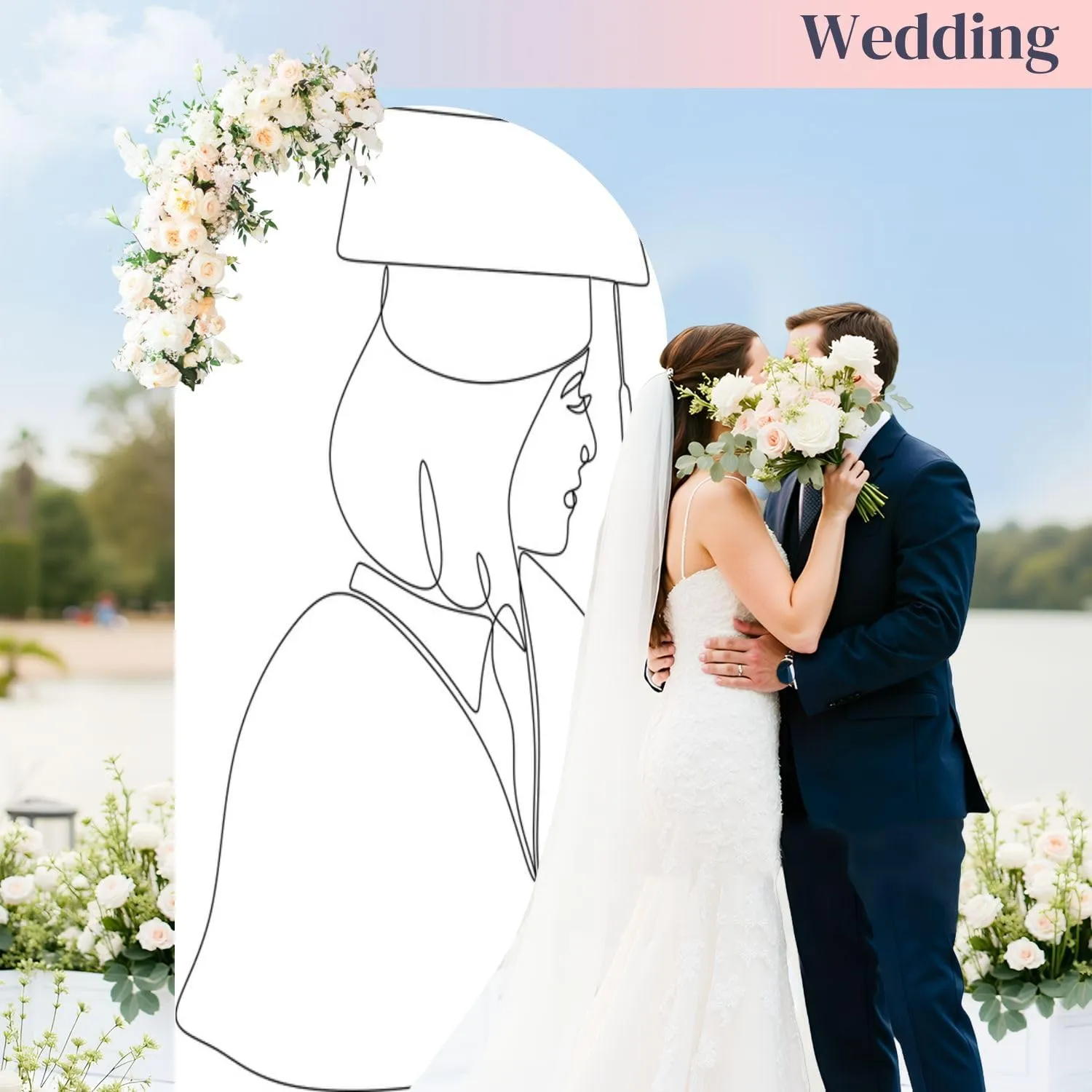 6.6FT Wedding Arch Backdrop Cover Continuous line Art Drawing Flat Drawing Student Woman Education Spandex Fitted Round Top Backdrop Stand Cover for Ceremony Banquet Birthday Party Decor