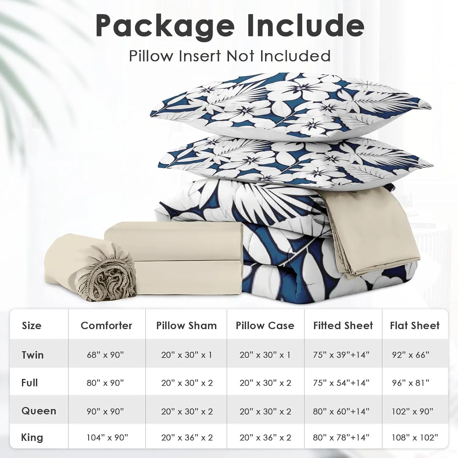 7 Pcs Comforter Set Full Size, Hawaiian Hibiscus Flower Bed in a Bag with Flat Sheet and Fitted Sheet for Kids and Adults, Tropical Navy Floral Bedding Set with Pillowcases & Shams