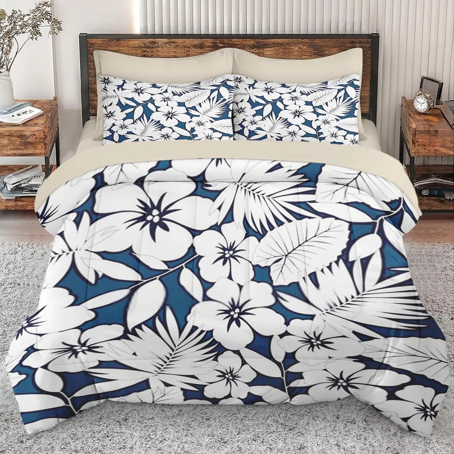 7 Pcs Comforter Set Full Size, Hawaiian Hibiscus Flower Bed in a Bag with Flat Sheet and Fitted Sheet for Kids and Adults, Tropical Navy Floral Bedding Set with Pillowcases & Shams
