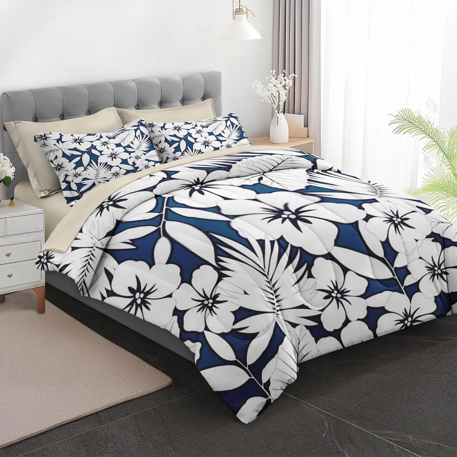 7 Pcs Comforter Set Full Size, Hawaiian Hibiscus Flower Bed in a Bag with Flat Sheet and Fitted Sheet for Kids and Adults, Tropical Navy Floral Bedding Set with Pillowcases & Shams