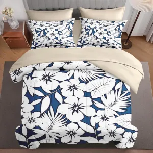 7 Pcs Comforter Set Full Size, Hawaiian Hibiscus Flower Bed in a Bag with Flat Sheet and Fitted Sheet for Kids and Adults, Tropical Navy Floral Bedding Set with Pillowcases & Shams