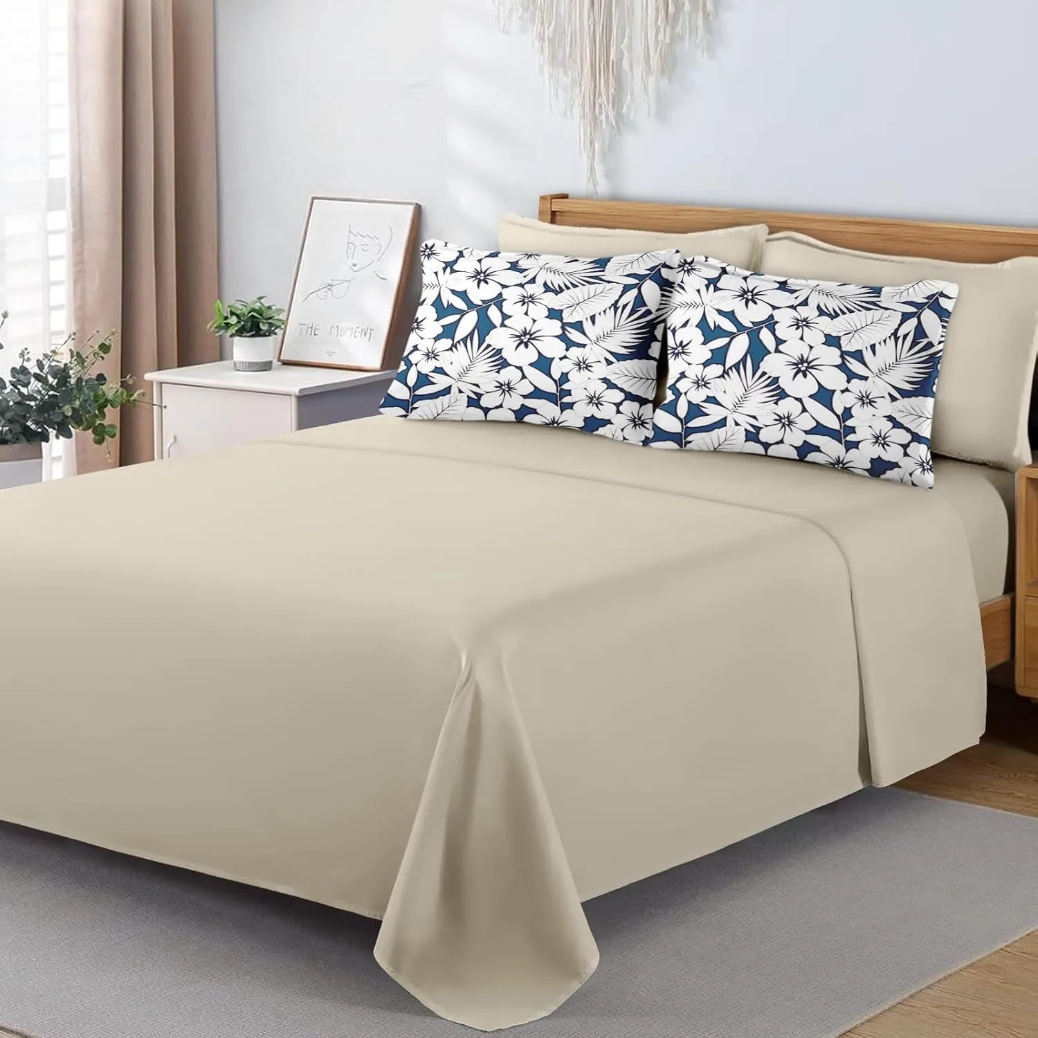 7 Pcs Comforter Set Full Size, Hawaiian Hibiscus Flower Bed in a Bag with Flat Sheet and Fitted Sheet for Kids and Adults, Tropical Navy Floral Bedding Set with Pillowcases & Shams