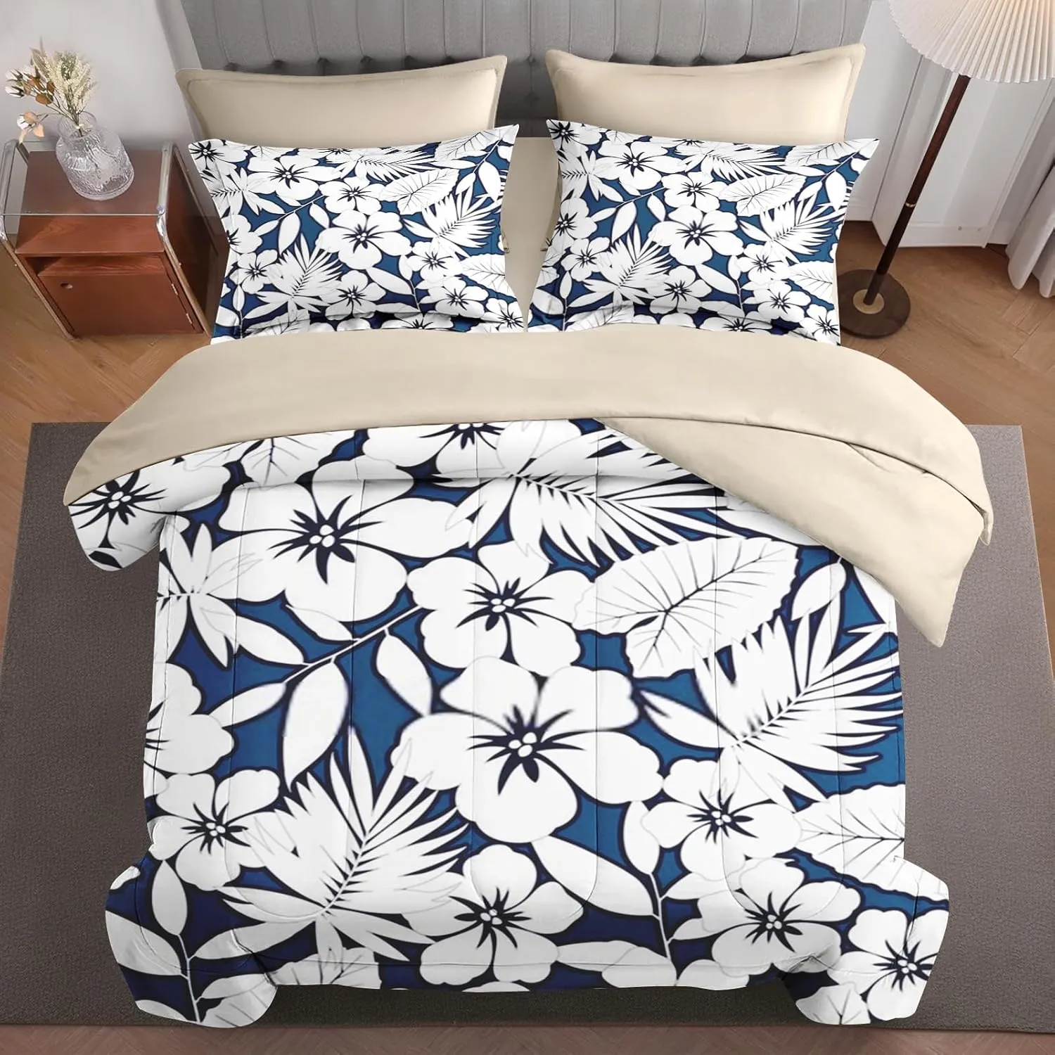 7 Pcs Comforter Set Full Size, Hawaiian Hibiscus Flower Bed in a Bag with Flat Sheet and Fitted Sheet for Kids and Adults, Tropical Navy Floral Bedding Set with Pillowcases & Shams