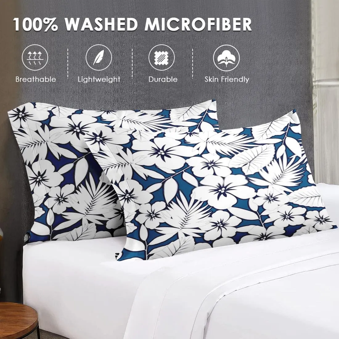 7 Pcs Comforter Set Full Size, Hawaiian Hibiscus Flower Bed in a Bag with Flat Sheet and Fitted Sheet for Kids and Adults, Tropical Navy Floral Bedding Set with Pillowcases & Shams