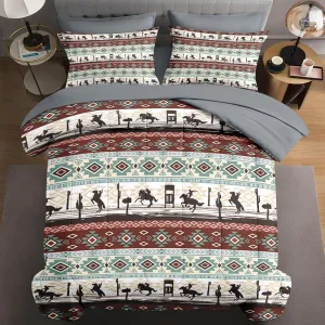 7 Pcs King Size Comforter Set with 2 Pillowcases & 2 Shams, Cowboy Horses Tribal Ethnic Bedding Set for Kids and Adults, Retro Vintage Western Bed in a Bag with Flat Sheet and Fitted Sheet