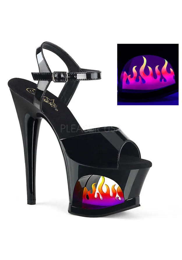 7" Heel, 2 3/4" Cut-Out PF Ankle Strap Sandal w/ Flame