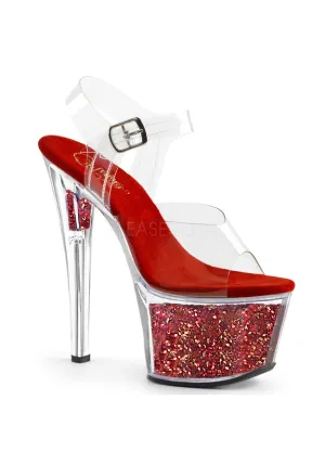 7" Heel, 2 3/4" Glitter Filled PF Ankle Strap Sandal