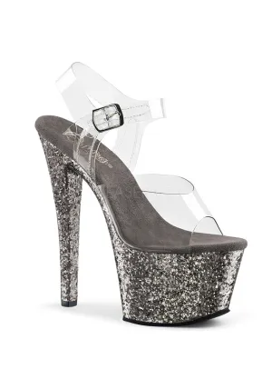 7" Heel, 2 3/4" PF Ankle Strap Sandal w/ Glitter Bottom