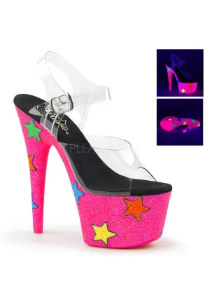 7" Heel, 2 3/4" PF UV Reactive Ankle Strap Sandal W/Stars