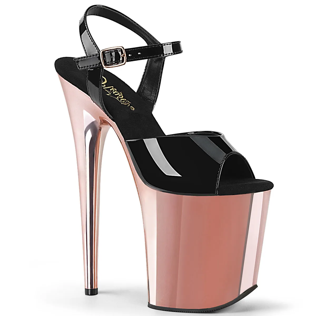 8 Inch Heel FLAMINGO-809 Black Pat Rose Gold Chrome