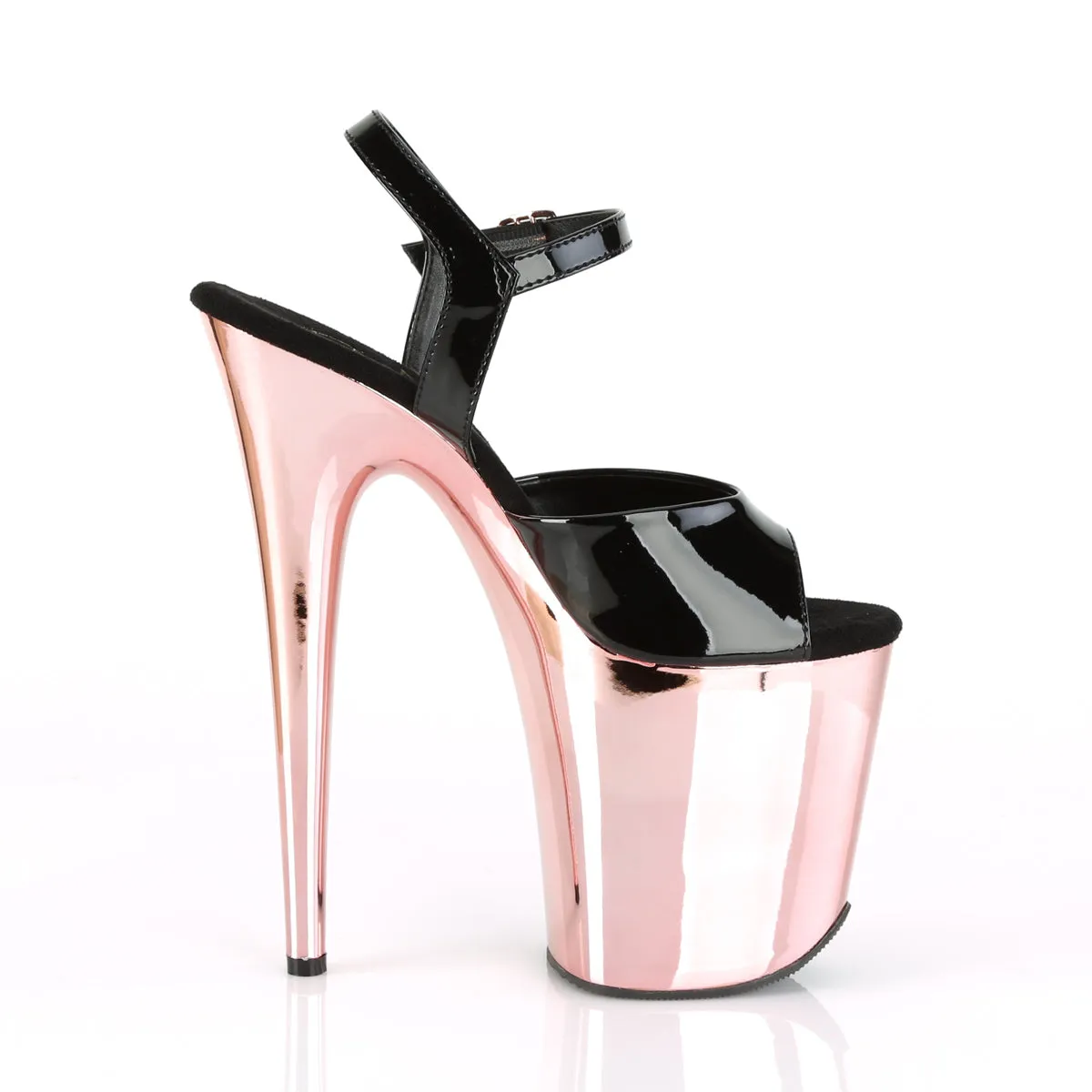 8 Inch Heel FLAMINGO-809 Black Pat Rose Gold Chrome