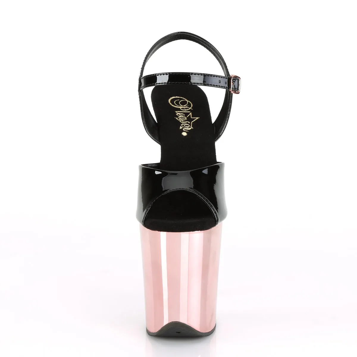8 Inch Heel FLAMINGO-809 Black Pat Rose Gold Chrome