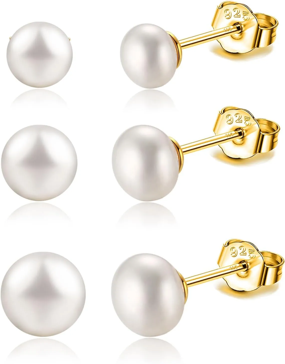 925 Sterling Silver Pearl Stud Earrings Set 3-7mm Freshwater Pearl Earrings Studs Silver/Gold for Women
