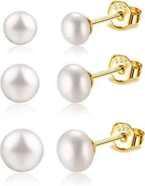 925 Sterling Silver Pearl Stud Earrings Set 3-7mm Freshwater Pearl Earrings Studs Silver/Gold for Women