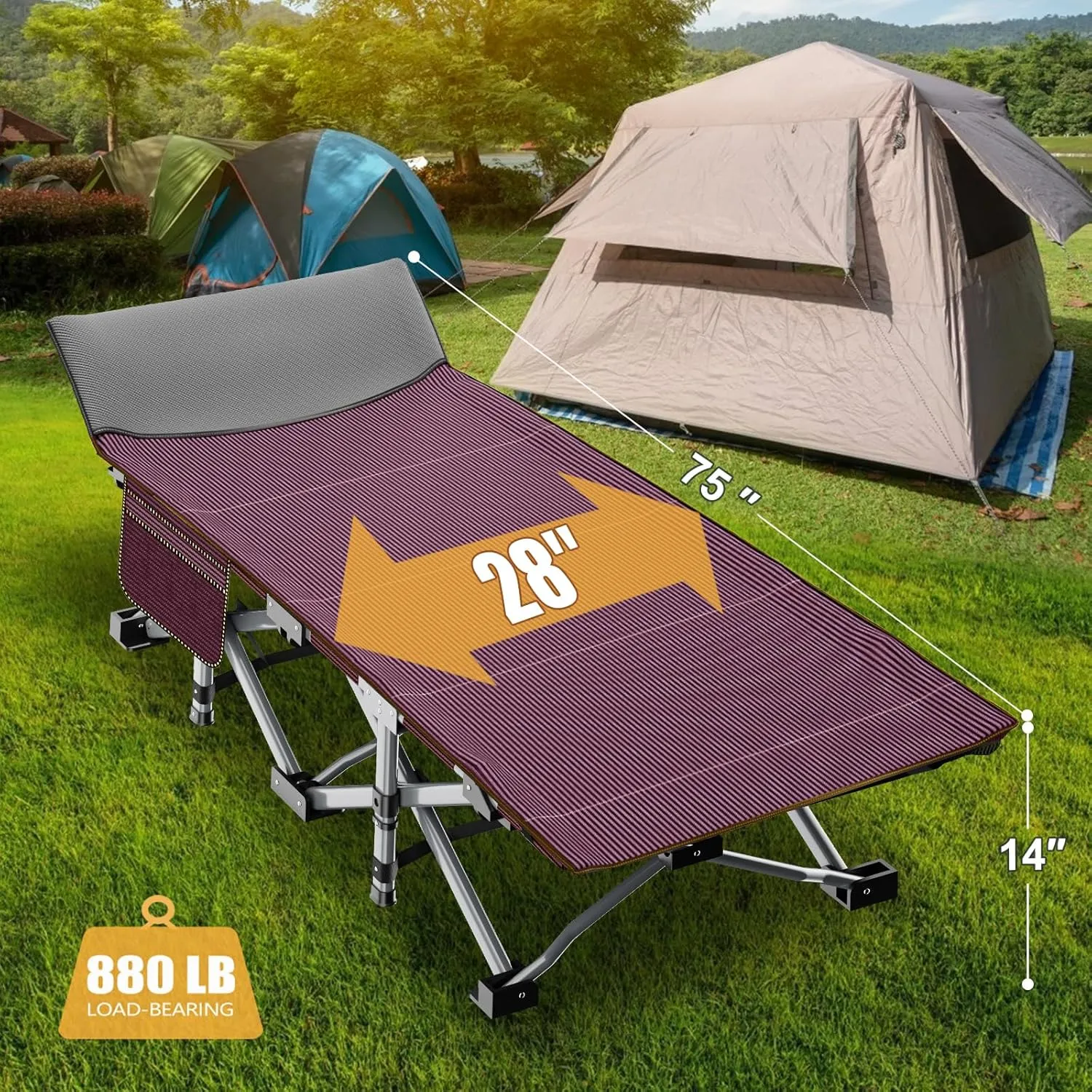 ABORON Folding Camping Cot W/Mat for Adults, Heavy Duty Outdoor Bed with Carry Bag,1200 D Layer Oxford Travel Camp Cots (1, Red Stripe with Blue Pad)