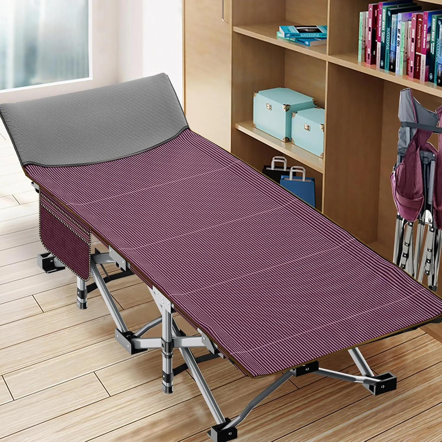 ABORON Folding Camping Cot W/Mat for Adults, Heavy Duty Outdoor Bed with Carry Bag,1200 D Layer Oxford Travel Camp Cots (1, Red Stripe with Blue Pad)