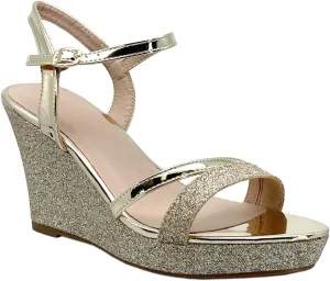 ABSOLEX Women Strappy Open Toe Glitter Chunky Platform Wedge Dress/Party/Wedding Heel Sandal