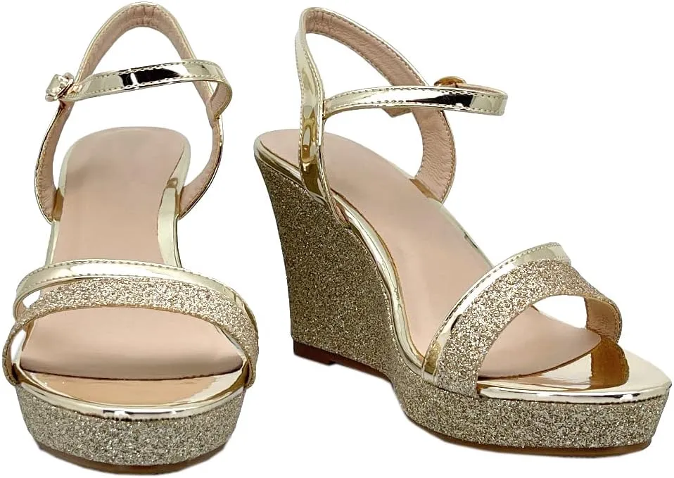 ABSOLEX Women Strappy Open Toe Glitter Chunky Platform Wedge Dress/Party/Wedding Heel Sandal