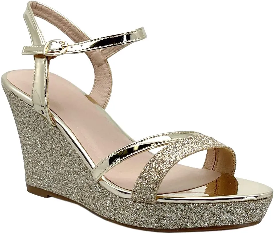 ABSOLEX Women Strappy Open Toe Glitter Chunky Platform Wedge Dress/Party/Wedding Heel Sandal
