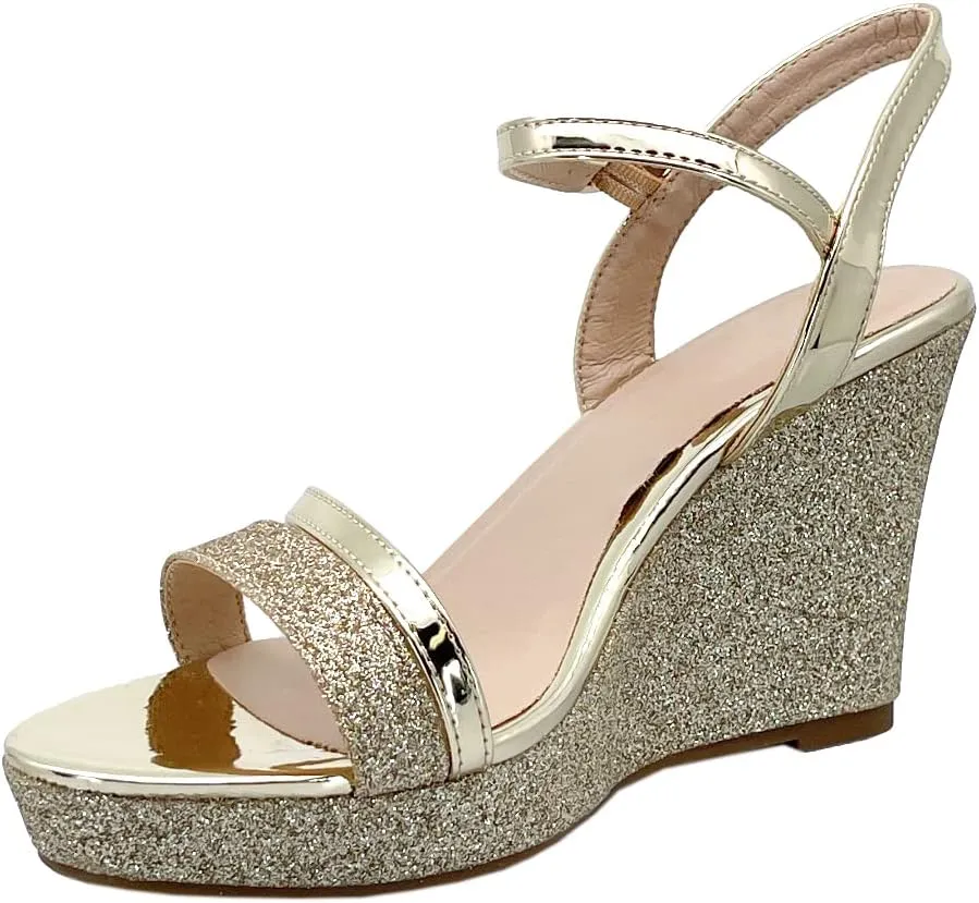 ABSOLEX Women Strappy Open Toe Glitter Chunky Platform Wedge Dress/Party/Wedding Heel Sandal