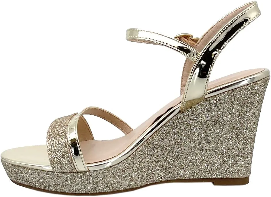 ABSOLEX Women Strappy Open Toe Glitter Chunky Platform Wedge Dress/Party/Wedding Heel Sandal