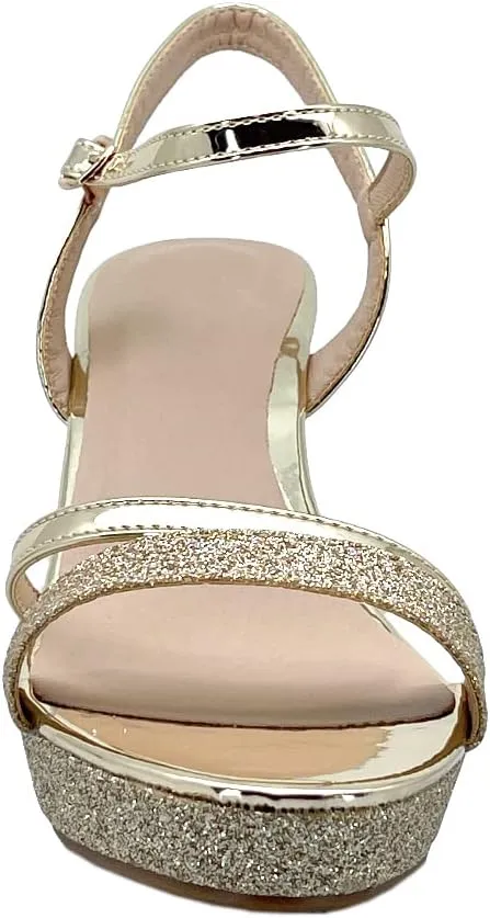 ABSOLEX Women Strappy Open Toe Glitter Chunky Platform Wedge Dress/Party/Wedding Heel Sandal