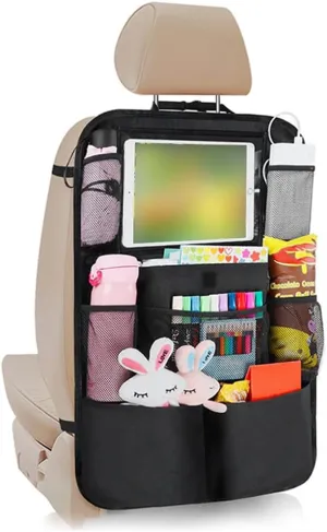 AICEL Backseat Car Organizer, Auto Seat Back Kick Mat with 9 Storage Pockets, Vehicle Waterproof Seat Protector with Touch Screen Tablet Holder for Kids, Universal Car Travel Accessories (Black)