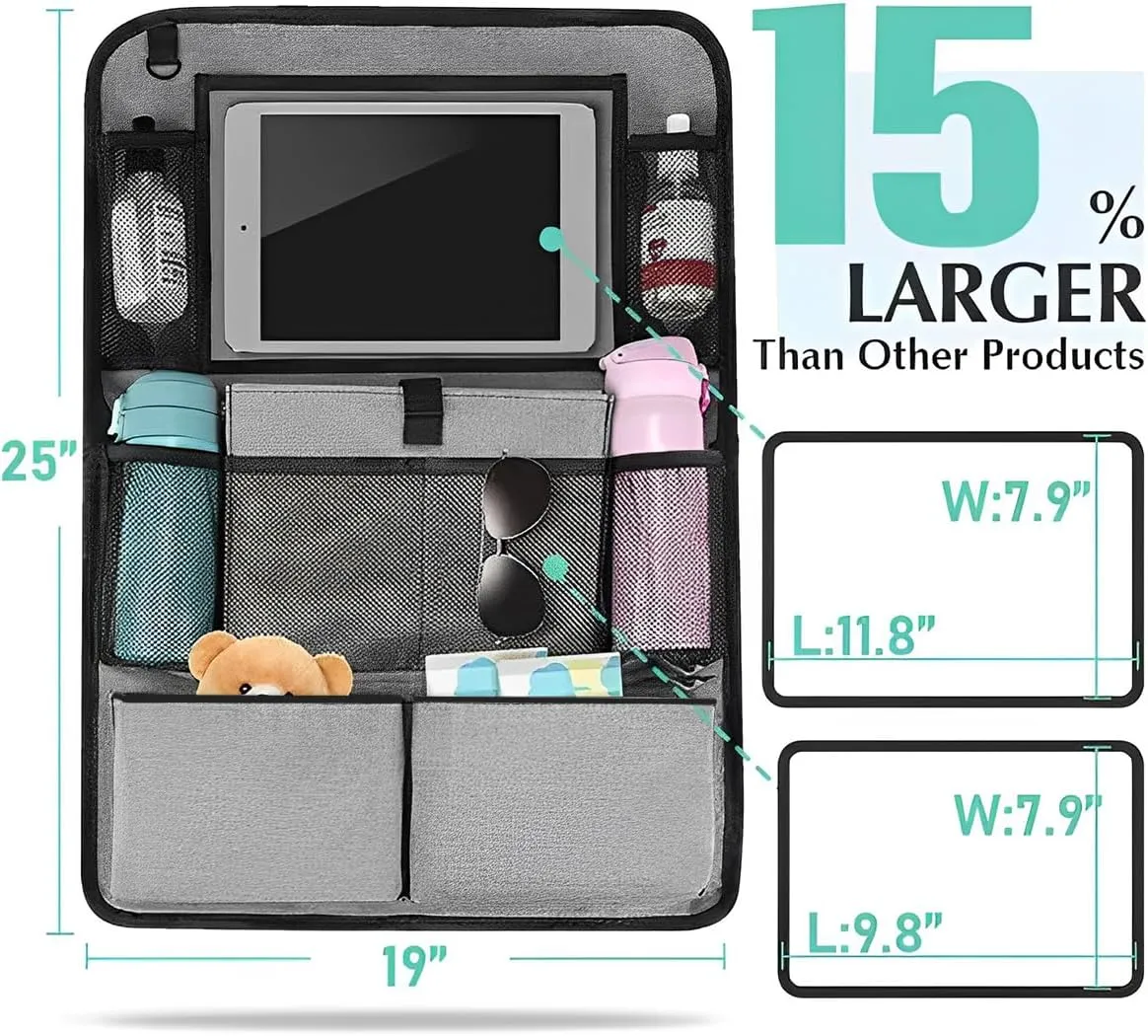 AICEL Backseat Car Organizer, Auto Seat Back Kick Mat with 9 Storage Pockets, Vehicle Waterproof Seat Protector with Touch Screen Tablet Holder for Kids, Universal Car Travel Accessories (Gray)
