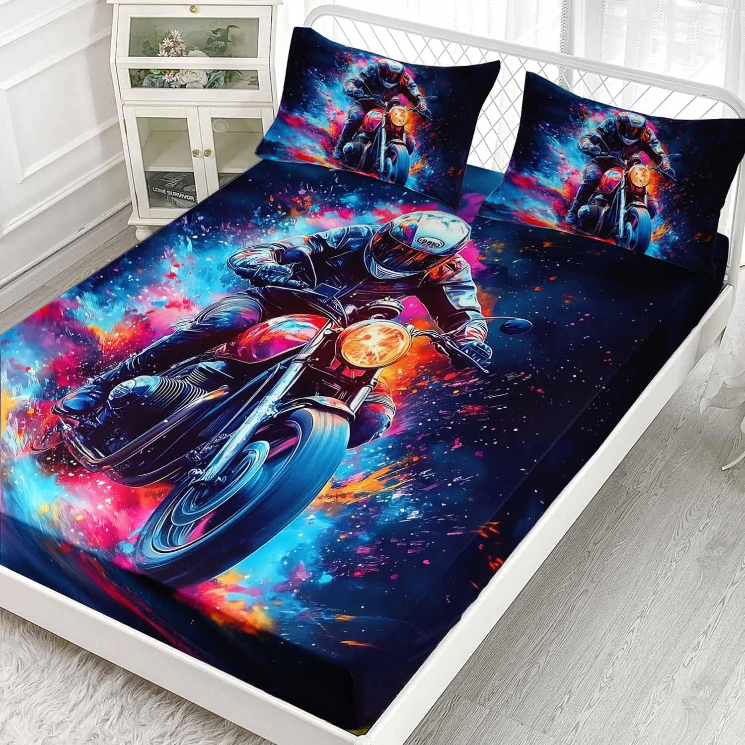 AILONEN Dirt Bike Bedding Set Twin XL Size,Blue Red Black Motocross Rider Bed Sheet Set for Kids Boys Teens,Extreme Sports Fitted Sheet with 2 Pillowcases,3 Piece