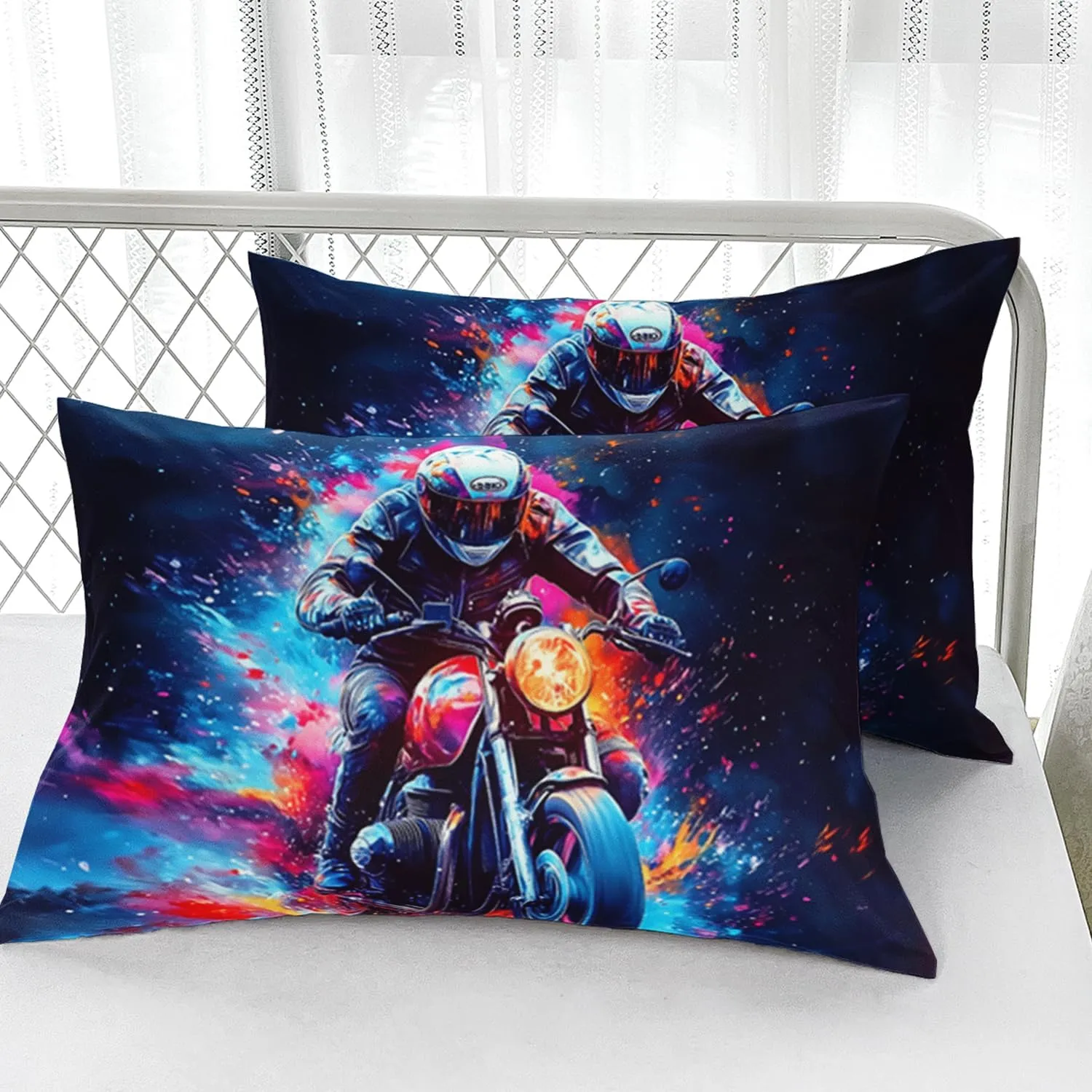 AILONEN Dirt Bike Bedding Set Twin XL Size,Blue Red Black Motocross Rider Bed Sheet Set for Kids Boys Teens,Extreme Sports Fitted Sheet with 2 Pillowcases,3 Piece