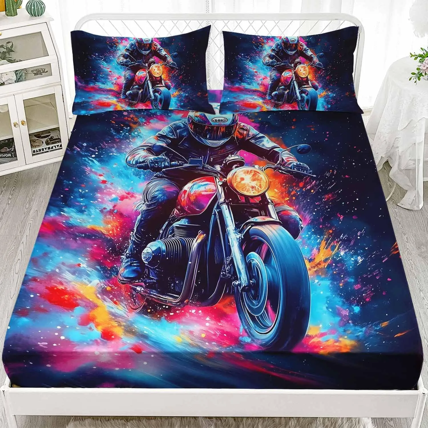 AILONEN Dirt Bike Bedding Set Twin XL Size,Blue Red Black Motocross Rider Bed Sheet Set for Kids Boys Teens,Extreme Sports Fitted Sheet with 2 Pillowcases,3 Piece