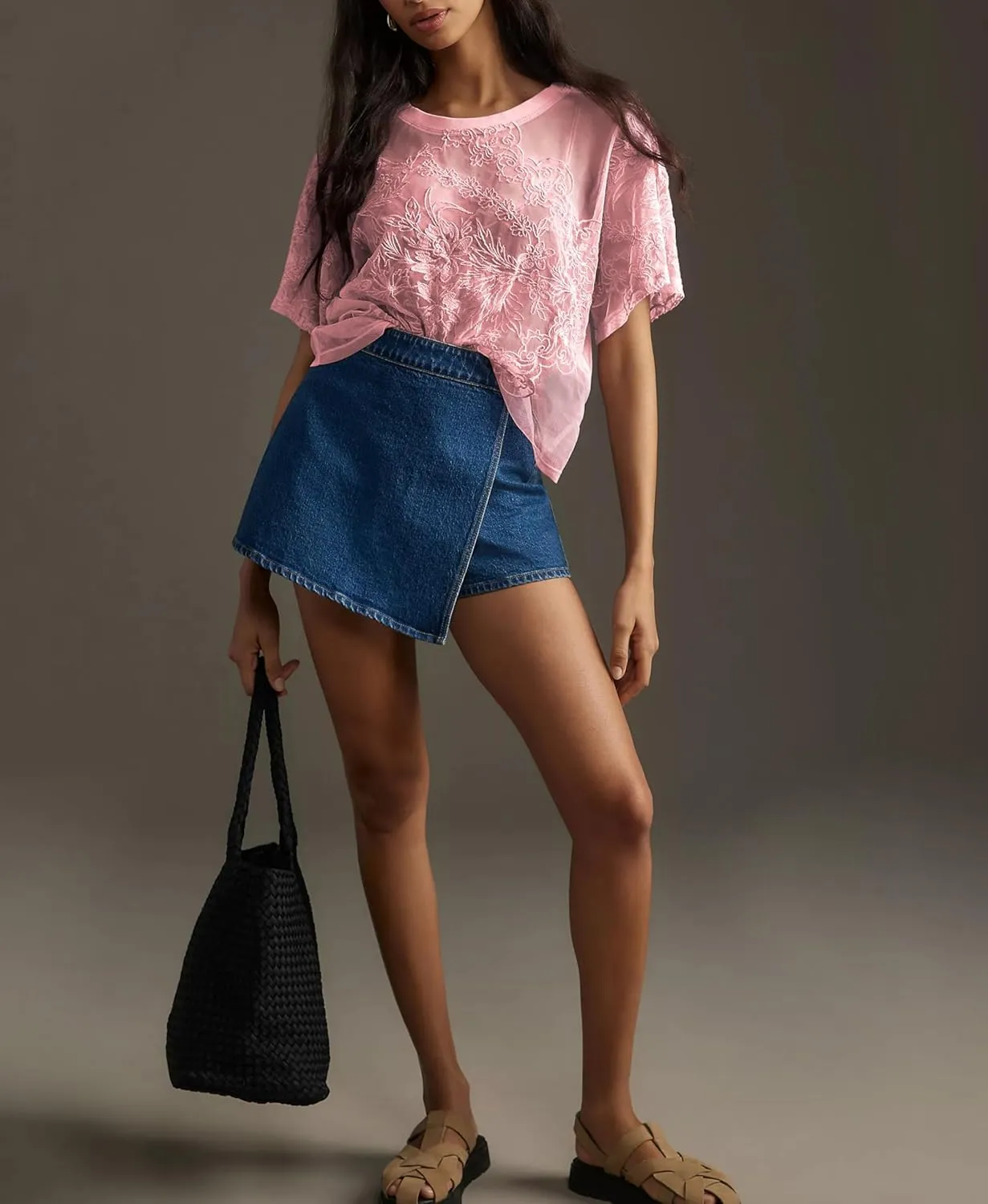 Aimiray Women's Sexy Mesh Tops Short Sleeve Round Neck Lace 3D Printed Floral Sheer Blouse See Through Layering Shirt Tops