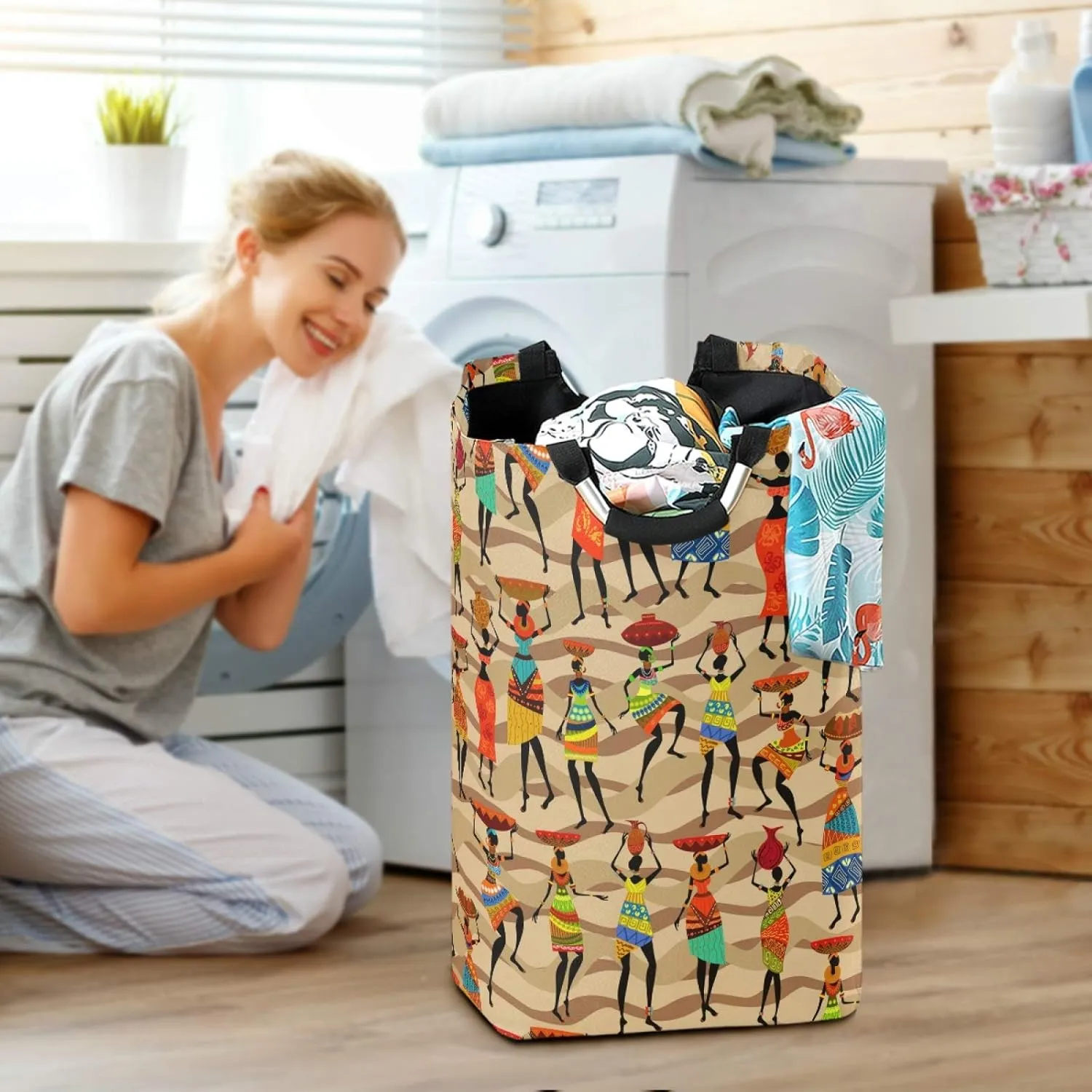 ALAZA Large Laundry Hamper Basket African Woman Laundry Bag Collapsible Oxford Cloth Stylish Home Storage Bin with Handles, 22.7 Inch
